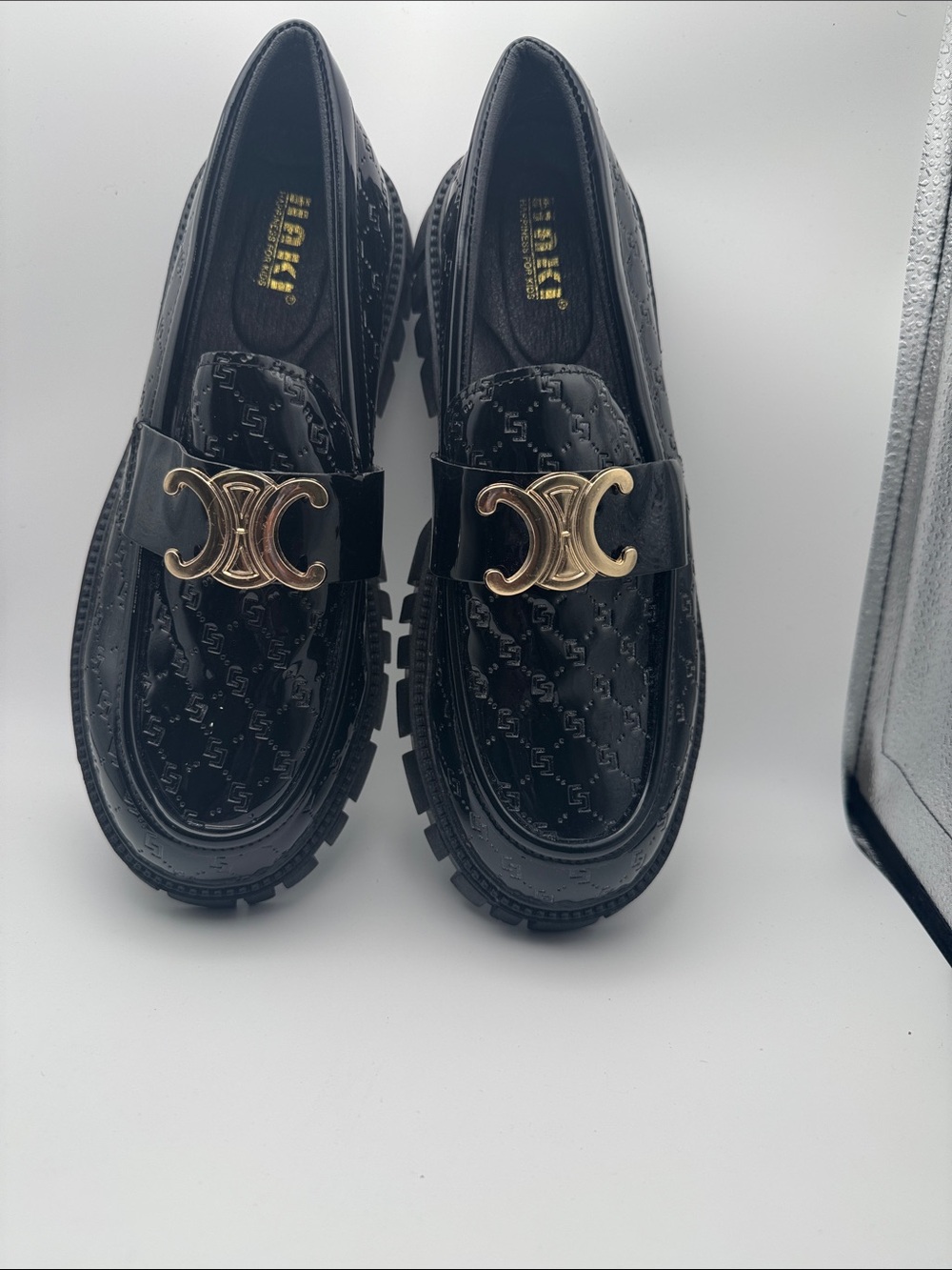 Celine Black Patent Leather Logo-Embossed Loafers with Gold Double C Buckle